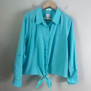 Chicos Womens XL No Iron Turquoise Button Up Shirt Roll Tab Sleeve Blouse
